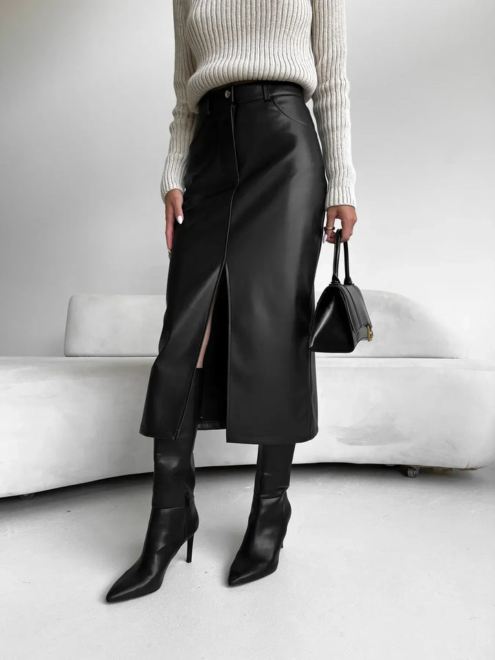 Patricia midirok voor dames in ecoleder | Elegante rok met hoge split & lederlook