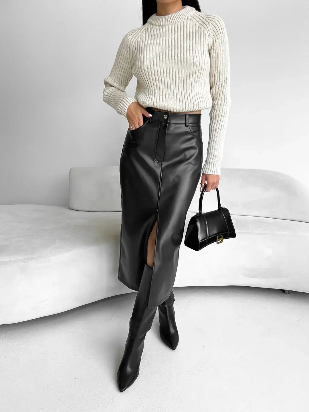 Patricia midirok voor dames in ecoleder | Elegante rok met hoge split & lederlook