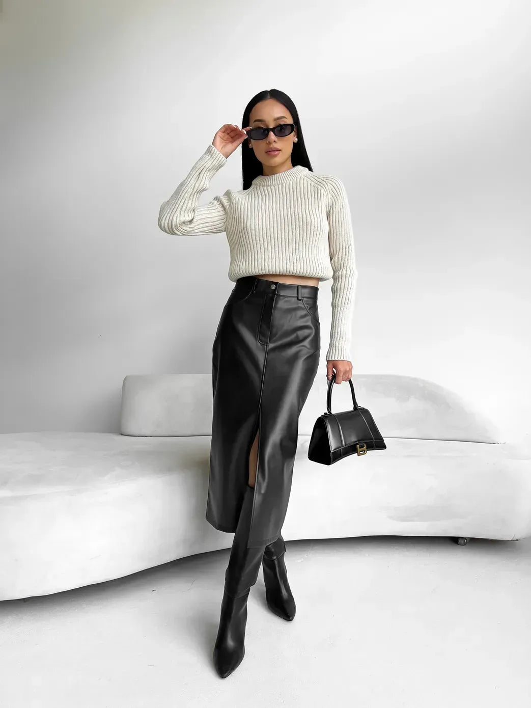 Patricia midirok voor dames in ecoleder | Elegante rok met hoge split & lederlook