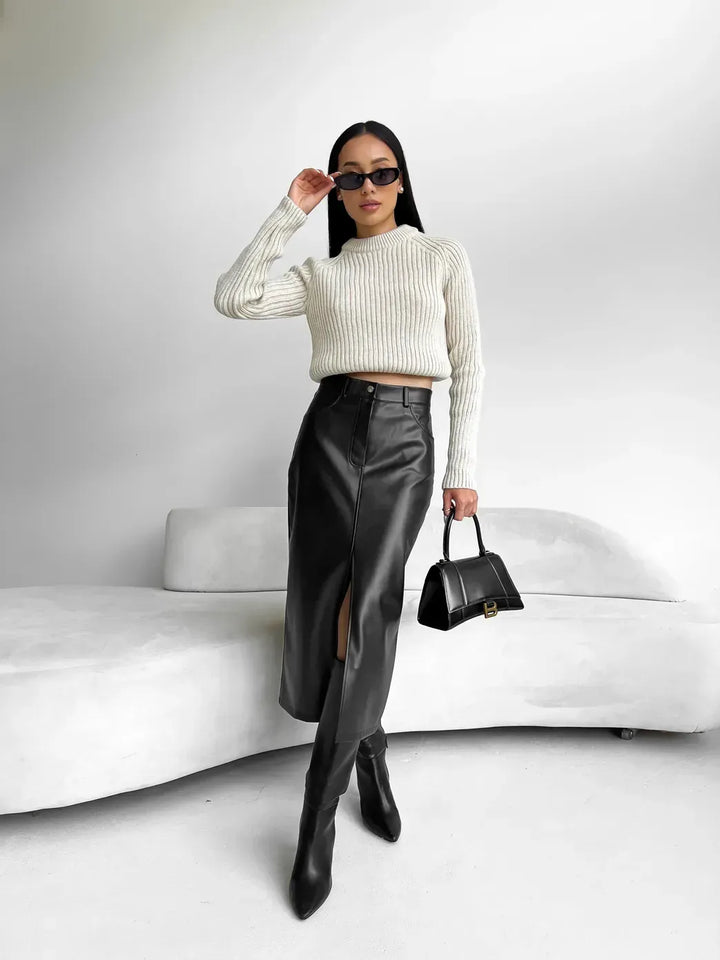 Patricia midirok voor dames in ecoleder | Elegante rok met hoge split & lederlook
