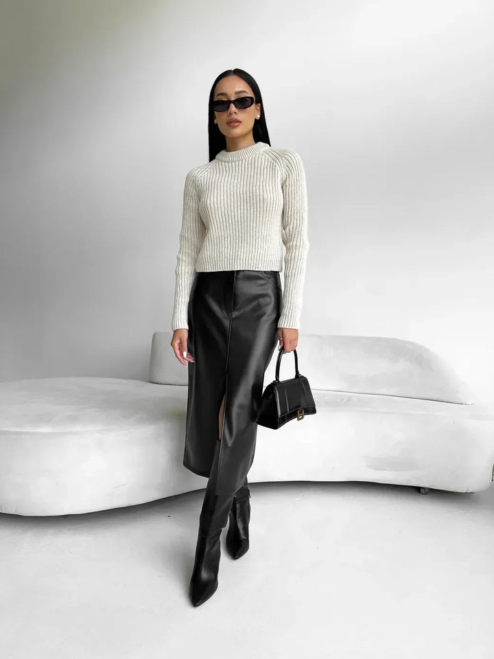 Patricia midirok voor dames in ecoleder | Elegante rok met hoge split & lederlook