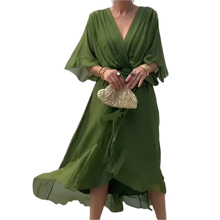 Laurie - Midi wikkeljurk met fladdermouwen en elegante details in de taille