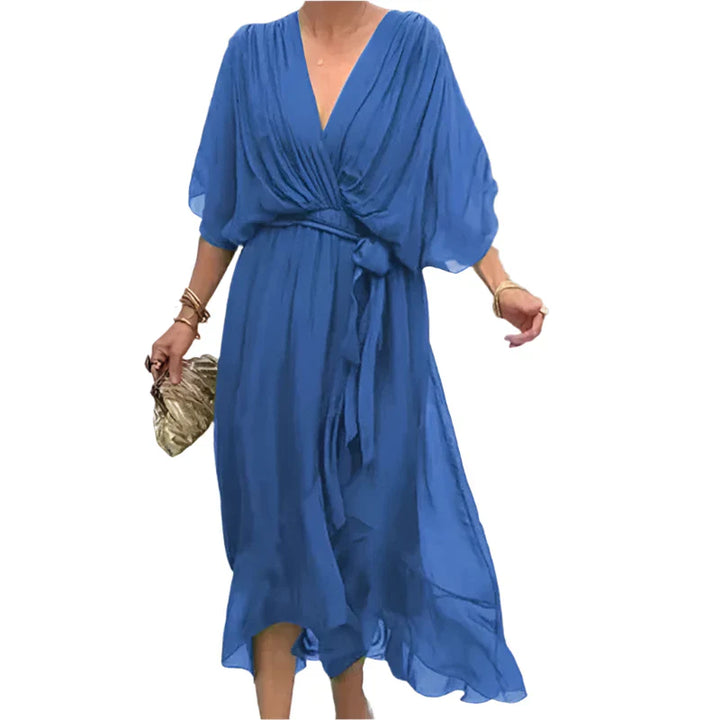 Laurie - Midi wikkeljurk met fladdermouwen en elegante details in de taille